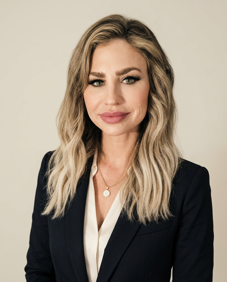 Professional studio headshot of Gertie Wilson, Founder of W Public Affairs, photographed against a neutral gray backdrop. She has long blonde wavy hair and is wearing a tailored black blazer over an ivory silk blouse with a delicate gold pendant necklace.